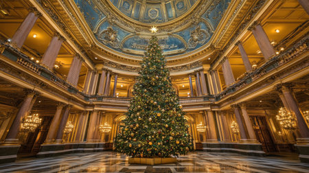 A stunning Christmas tree stands majestically in a historic hall, surrounded by intricate architectural details and opulent decorations, creating a warm festive atmosphere.の素材