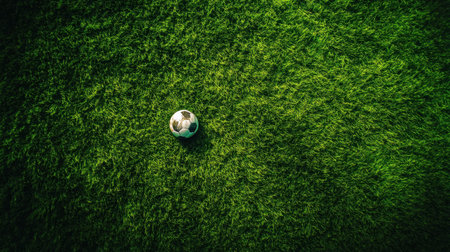 Captured from above, this image features a solitary soccer ball resting on a vibrant green grass field, symbolizing sports enjoyment and active lifestyle.の素材