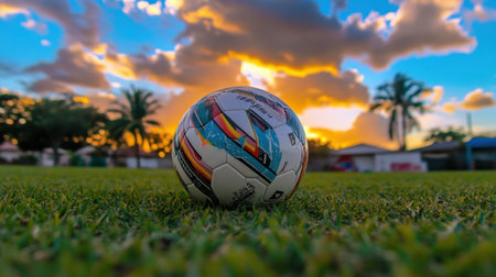A vibrant sunset illuminates a grassy field where a soccer ball rests in the foreground, creating an inviting scene for sports enthusiasts and nature lovers alike.の素材