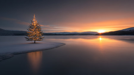 A tranquil winter scene featuring a beautifully lit Christmas tree standing alone on a frozen lake, illuminated by a stunning sunset.の素材