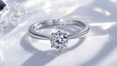 A stunning diamond ring rests on a soft reflective surface, showcasing its brilliance and elegance. Ideal for jewelry promotions and romantic occasions.の素材