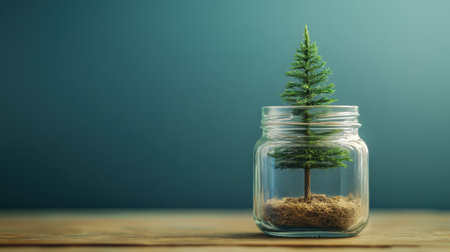 A serene composition featuring a miniature green tree displayed within a glass jar, set against a soft blue background, emphasizing tranquility and nature.の素材