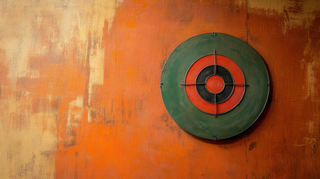 A vintage wooden target stands out against a textured warm orange wall, symbolizing focus and determination, perfect for sports and motivation themes.の素材