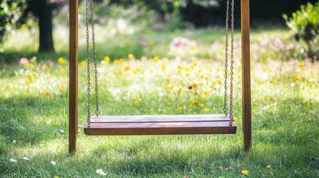 A serene wooden swing set in a lush garden filled with colorful wildflowers and soft green grass, inviting relaxation and joyful memories.の素材