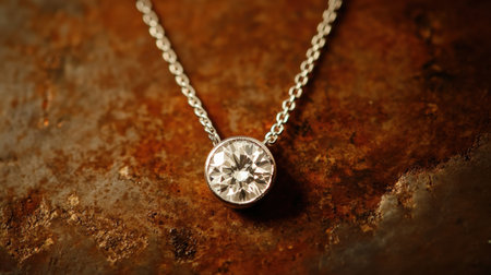 A stunning silver necklace featuring a round diamond pendant, beautifully set against a rustic background that enhances its elegance and charm.の素材