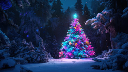 A vibrant Christmas tree stands proudly in a snowy forest, illuminated by colorful lights under a starry night sky, creating a serene holiday scene.の素材