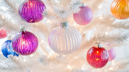 This delightful image showcases colorful glass ornaments hanging from a white Christmas tree, enhanced by warm background lights, creating a cheerful holiday atmosphere.の素材
