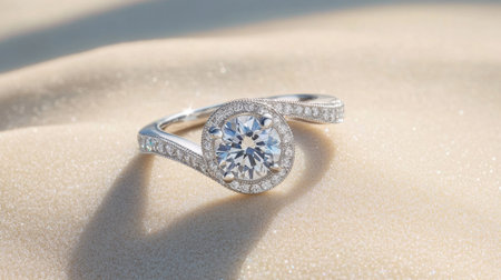 A stunning diamond ring featuring a clear round cut stone set in intricate silver detailing, beautifully showcased against a soft sandy background.の素材