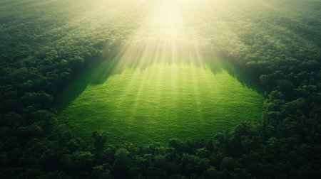 An enchanting aerial view of a vibrant green clearing nestled among a dense forest. Sunlight filters through the tree canopy, creating a serene atmosphere.の素材