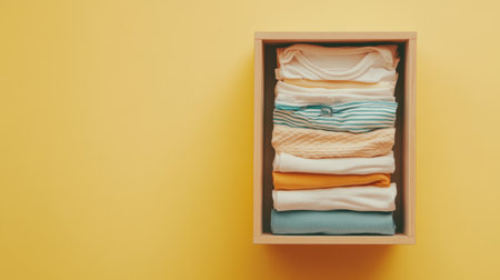 This image showcases a neatly arranged drawer filled with folded clothes in various colors, set against a bright yellow background. Perfect for lifestyle themes.の素材