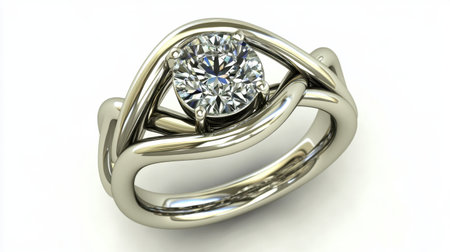 This stunning engagement ring features a captivating round diamond set in a sleek silver band, combining elegance with contemporary design for a perfect symbol of love.の素材