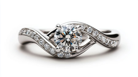 This exquisite silver engagement ring showcases a stunning round diamond set in a unique twisted band, symbolizing timeless love and elegance.の素材