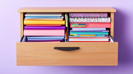 A beautifully organized wooden drawer filled with colorful notebooks, papers, and various stationery items, set against a soft purple backdrop.の素材