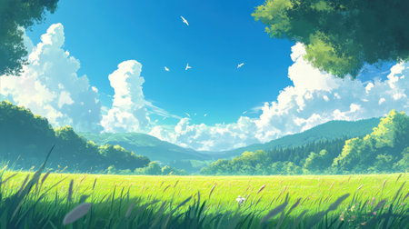 A stunning, tranquil landscape featuring a lush green field and a picturesque blue sky adorned with fluffy white clouds. The vibrant scenery evokes a sense of peace and connection with nature, inviting viewers to escape into this idyllic outdoor setting. Perfect for relaxation and inspiration.の素材