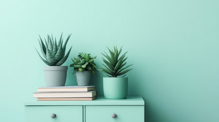 A vibrant arrangement of stylish succulents in pots atop a turquoise dresser, complemented by books, creating a modern and calming interior space.の素材