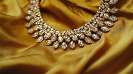 This stunning gold necklace showcases sparkling stones, elegantly placed against luxurious silk fabric, perfect for highlighting fashion and beauty.の素材