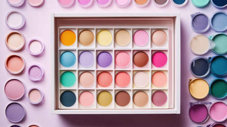A colorful makeup palette featuring an array of eye shadows and blushes arranged neatly on a soft pink surface, ideal for cosmetic promotions.の素材