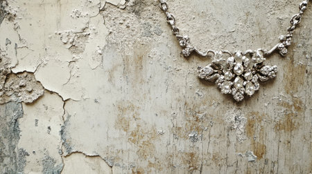 This stunning silver necklace featuring dazzling gemstones rests on a weathered, textured wall, creating a striking contrast and showcasing elegance.の素材