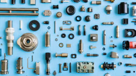 A collection of assorted mechanical components and parts displayed on a blue background. Ideal for use in industrial applications, engineering projects, or technical illustrations.の素材