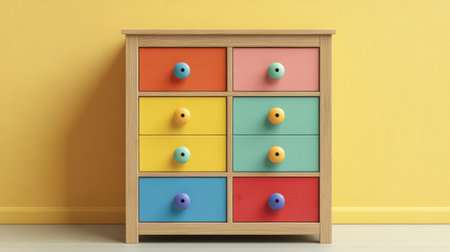 This colorful wooden drawer unit features bright knobs and a playful design, perfect for enhancing any kid's room or playroom with cheerful decor.の素材