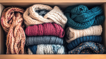 A beautifully organized wooden drawer displays a collection of soft knit scarves and sweaters, showcasing warm hues and inviting textures, perfect for autumn.の素材