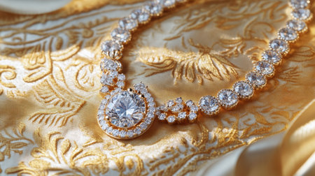 A stunning diamond necklace elegantly rests on rich gold fabric, showcasing intricate patterns and dazzling sparkling stones, perfect for luxury and sophistication.の素材