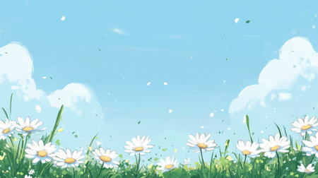 A whimsical illustration featuring bright daisies blooming beneath a clear blue sky. The fluffy clouds add to the serene atmosphere, creating a cheerful, vibrant landscape ideal for nature lovers and springtime enthusiasts.の素材