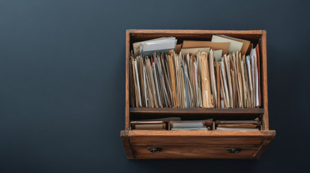 This image showcases a vintage wooden drawer filled with neatly organized file folders and documents, creating a nostalgic atmosphere suitable for various projects.の素材