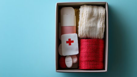 This image showcases a well-organized first aid kit containing essential medical supplies, such as bandages, ointments, and tablets, set against a calming blue background, ideal for illustrating emergency preparedness and health safety.の素材