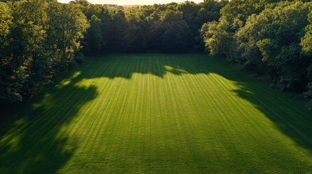 A stunning aerial view of a lush green field, framed by forest trees under morning light, showcasing vibrant grass and dappled shadows for a tranquil atmosphere.の素材