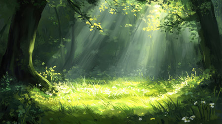 A serene forest scene with sunlight filtering through the trees, casting rays that illuminate the lush grass and delicate flowers below, creating a tranquil atmosphere.の素材