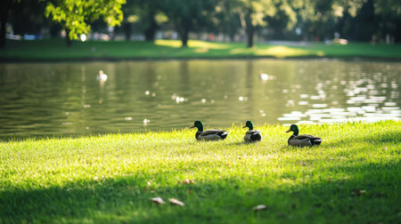 A picturesque scene featuring ducks resting on lush green grass by a calm pond, surrounded by trees. The bright sunlight creates a serene atmosphere perfect for nature lovers.の素材