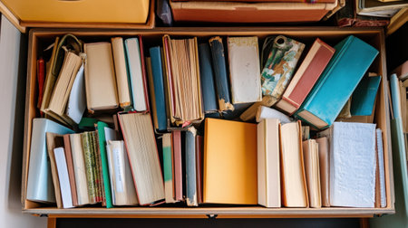 A captivating display of various vintage books arranged in an open wooden box. The colorful covers and unique textures invite readers to explore history and stories.の素材