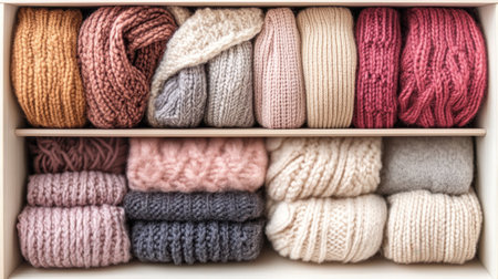 An inviting glimpse into a neatly organized wooden drawer showcasing an array of soft knitted scarves and sweaters in gentle pastel hues, perfect for cozy winter styling.の素材