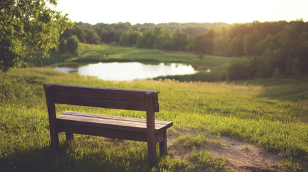 A rustic wooden bench offers a perfect spot to enjoy the tranquil views of a serene lake, framed by lush greenery under the warm glow of sunset.の素材