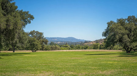 A breathtaking view showcasing an open green field framed by lush trees and distant mountains under a clear blue sky, inviting peace and tranquility.の素材