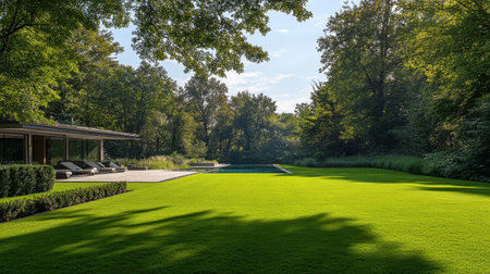 Experience the tranquility of a modern outdoor space featuring a vibrant green lawn, a serene swimming pool, and lush trees, perfect for relaxation.の素材