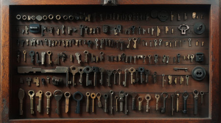 A stunning display of antique keys and lock mechanisms arranged meticulously in a wooden tray, highlighting the intricate craftsmanship and timeless design.の素材