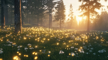 A breathtaking view of an enchanted meadow illuminated by sunlight and shimmering fireflies. This serene forest landscape captures the essence of tranquility and natural beauty.の素材