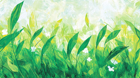 This artistic representation features lush green grass and delicate white flowers, creating a serene and vibrant atmosphere, perfect for nature-inspired themes.の素材