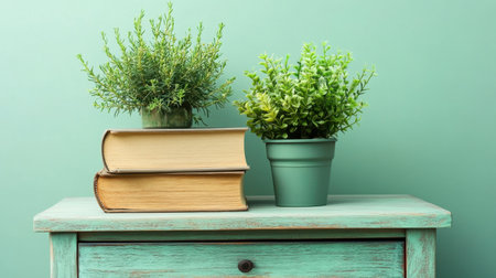 This charming image showcases a cozy arrangement of potted plants on a wooden table, featuring vintage books alongside fresh greenery against a soft mint background.の素材