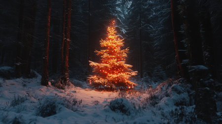 A stunning Christmas tree adorned with glowing lights stands alone in a serene snowy forest at night, creating a magical and festive atmosphere.の素材