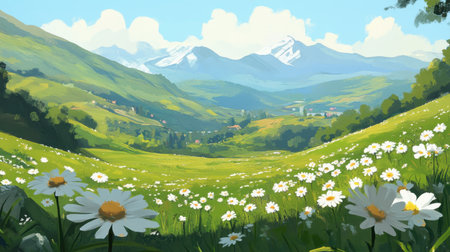 This captivating landscape features a serene valley adorned with vibrant wildflowers under a bright blue sky. Majestic mountains form a stunning backdrop, inviting nature lovers to explore the beauty of this tranquil scene.の素材