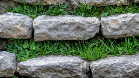 This image features a close-up of a rustic stone wall with vibrant green grass growing between each gray stone, showcasing natural textures and earthy colors.の素材
