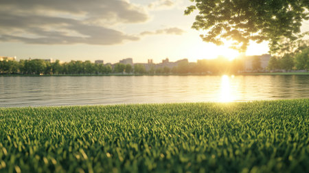 A tranquil view of a riverbank at sunset, featuring lush green grass leading to calm waters. The sunlight dances on the surface, creating reflections.の素材