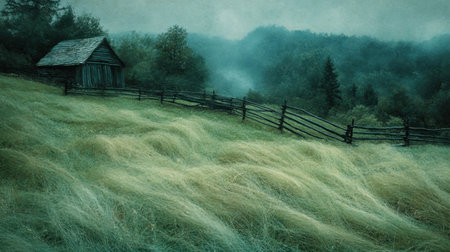 This captivating landscape features a rustic cabin surrounded by windswept grasses, set against misty mountains. It evokes serenity and tranquility.の素材