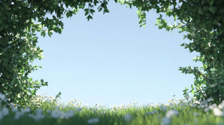 This captivating nature scene showcases a vibrant frame of lush greenery against a bright blue sky, featuring wildflowers and soft grass, perfect for serene and peaceful themes.の素材
