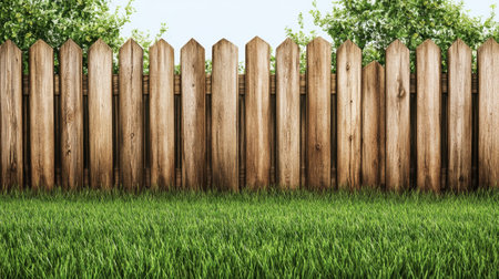 A beautifully crafted wooden fence stands tall amidst vibrant green grass and flourishing trees, depicting a serene outdoor environment perfect for relaxation.の素材