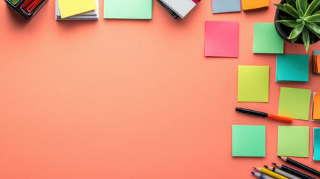 This vibrant image features a workspace arrangement with colorful sticky notes, pens, and a small plant on a soft orange background, perfect for inspiring creativity.の素材