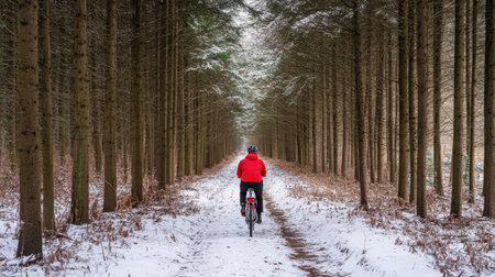 A lone cyclist in a bright red jacket rides along a snowy path surrounded by tall trees, creating a serene and tranquil winter scene.の素材